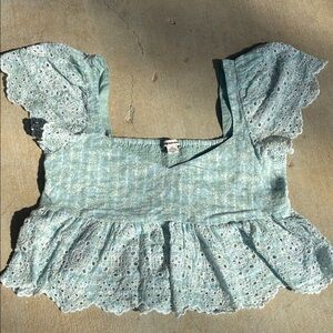 American Eagle Outfitters Cropped Light Blue Eyelet Blouse